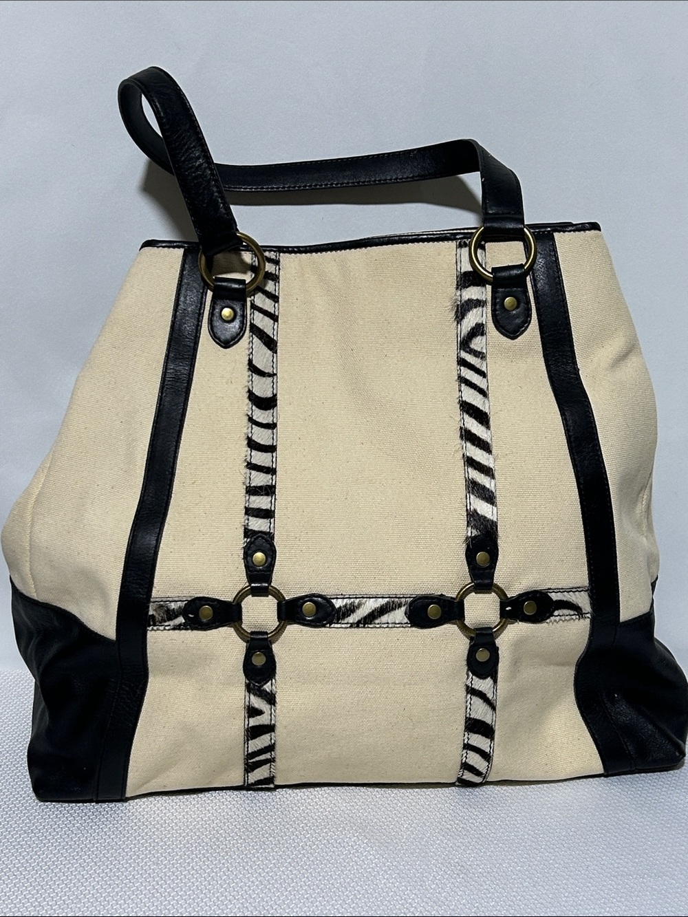 Kate Landry Cream Color Bag Zebra Fur Trim Leather Handles Extra Large Handbag